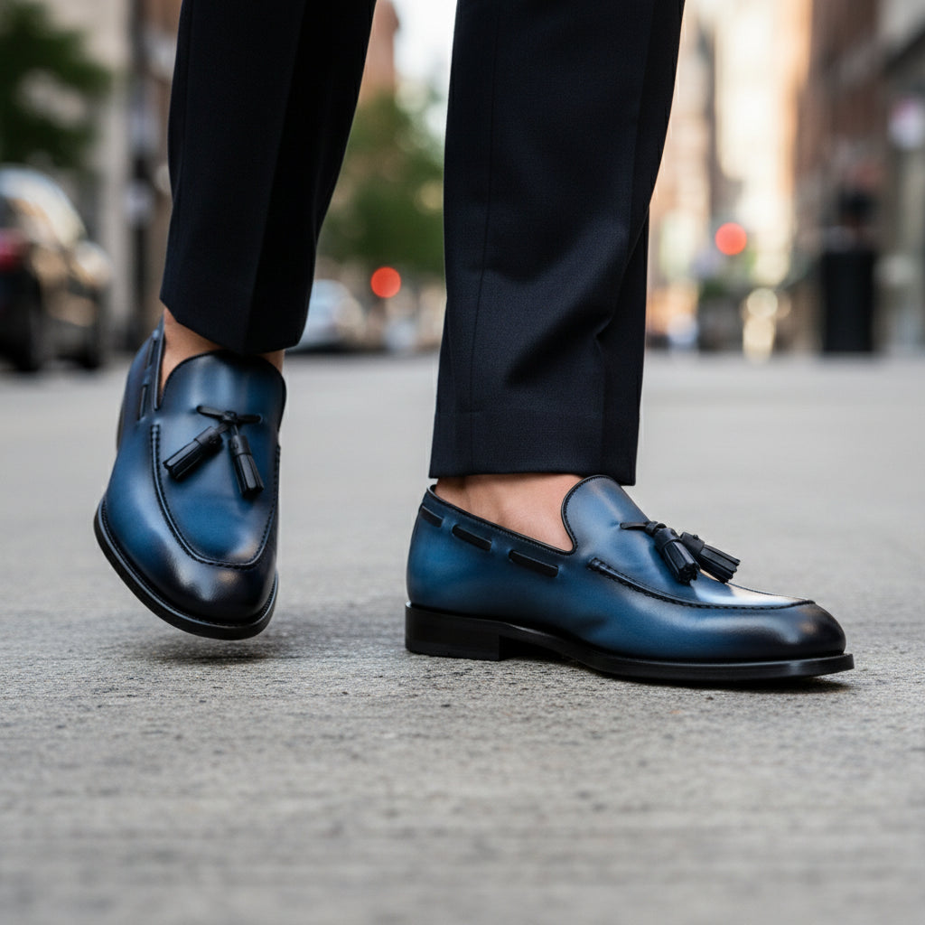 model-walking-street - Men's Navy Blue Leather Tassel Loafers