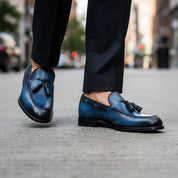 model-walking-street - Men's Navy Blue Leather Tassel Loafers