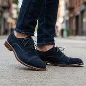 model-walking-street - Men's Navy Blue Suede Oxfords