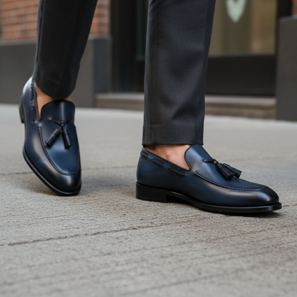 Men's Navy Blue Tassel Moccasins Leather Dress Shoes - model-walking-street