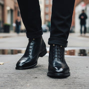 Men's Navy Blue Wingtip Brogue Leather Boots - model-walking-street