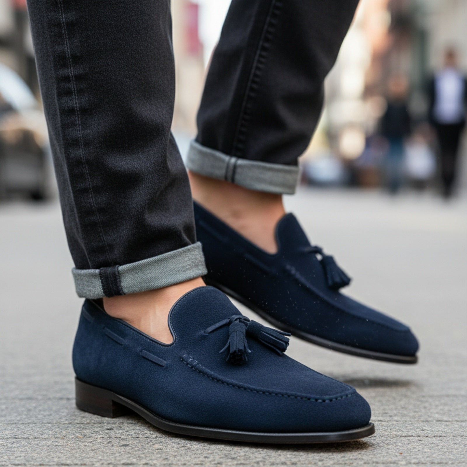 model-walking-street - Men's Navy Suede Tassel Loafers