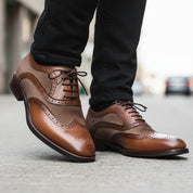 model-walking-street - Men's Navy Suede Wingtip Oxford Shoes