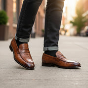 Men's Ostrich Print Leather Moccasins in Brown - model-walking-street
