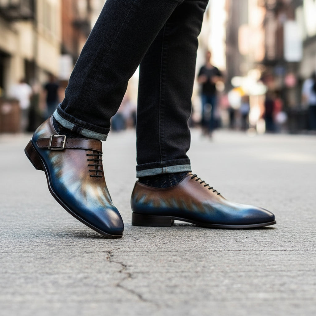 Men's Oxford Patina Leather Dress Shoes - model-walking-street