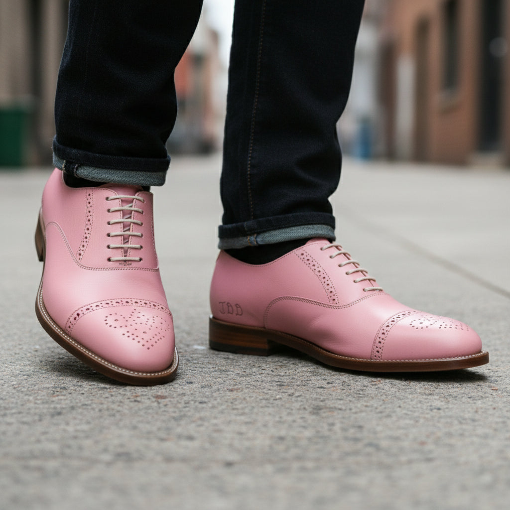 model-walking-street - Men's Pink Leather Oxford Shoes