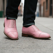model-walking-street - Men's Pink Leather Oxford Shoes