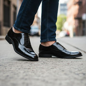 model-walking-street - Men's Polished Cow Leather Oxford Dress Shoes