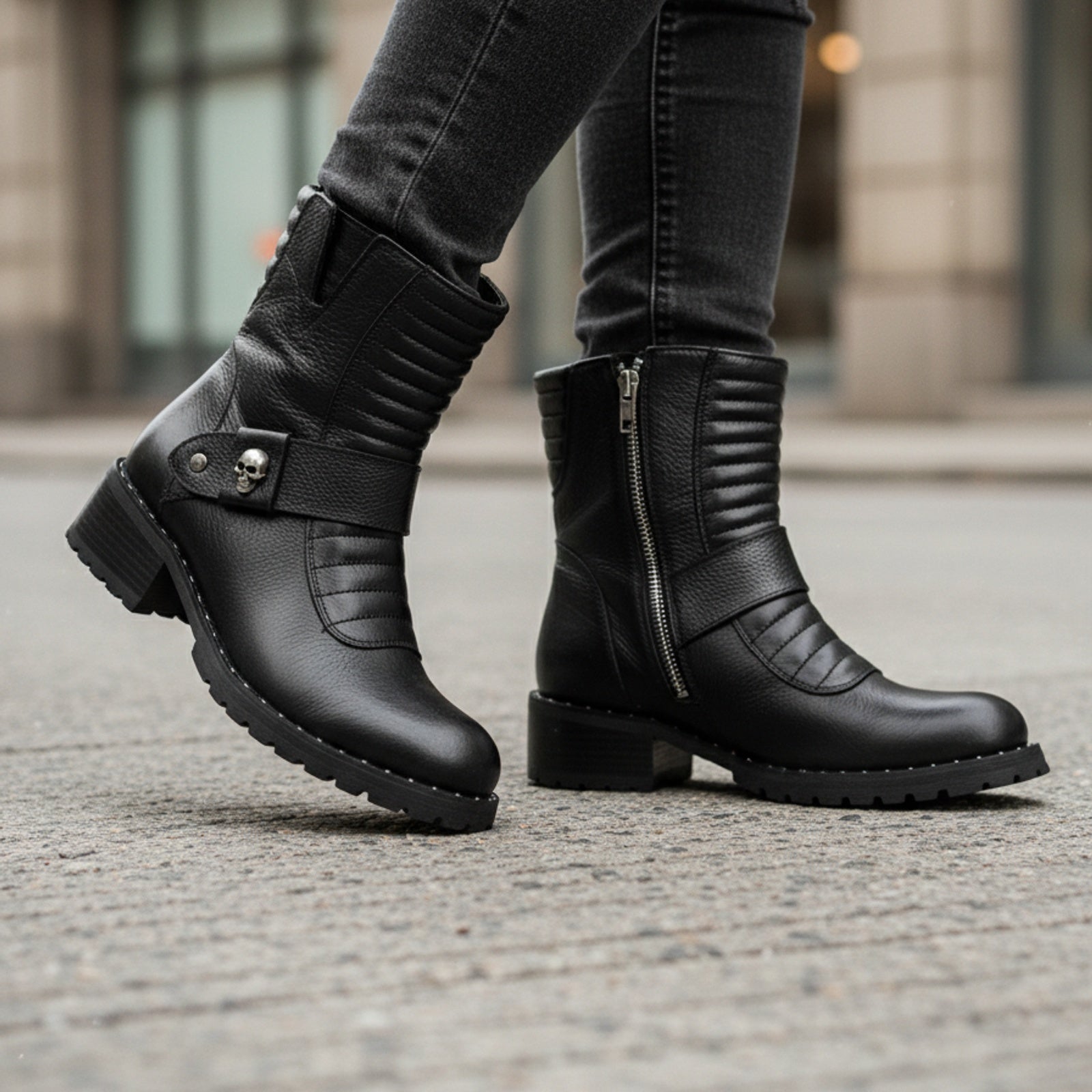 model-walking-street - Men's Protective Leather Motorcycle Boots