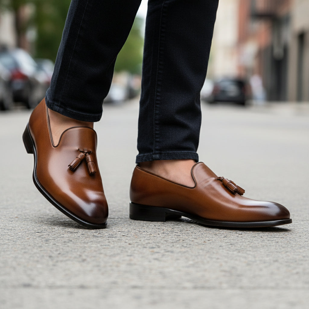 model-walking-street - Men's Rich Brown Tassel Loafer Leather Shoes