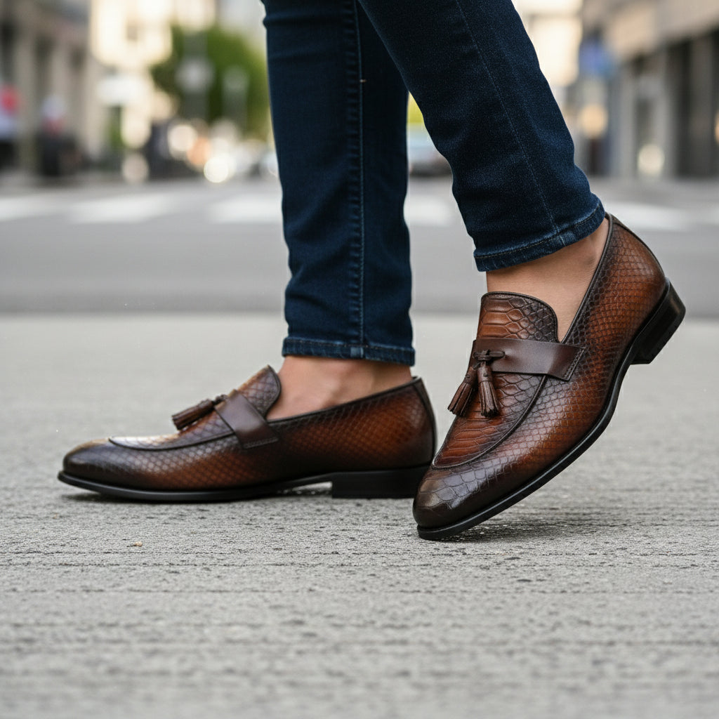 model-walking-street - Men's Shaded Tan Leather Tassel Loafers