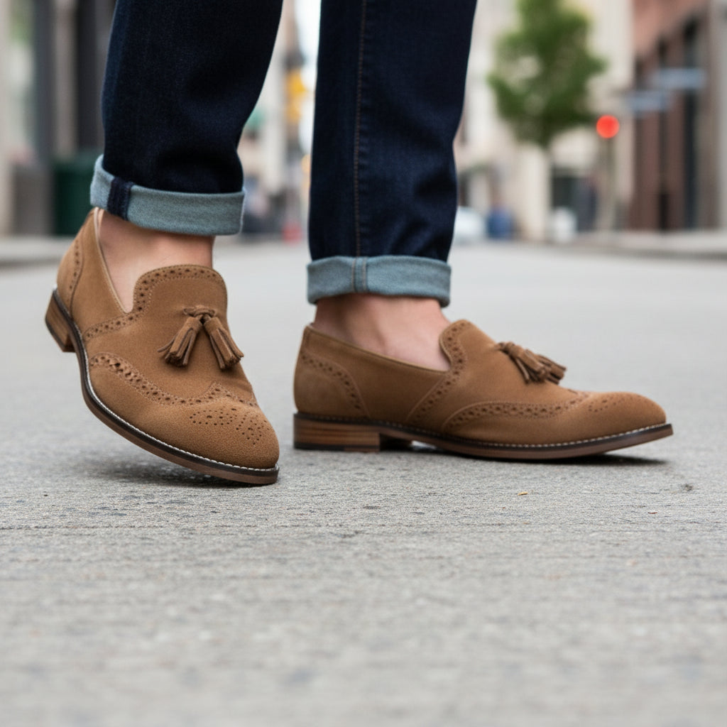 model-walking-street - Men's Suede Cow Leather Brogue Slip-on Shoes