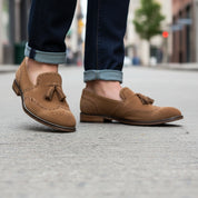 model-walking-street - Men's Suede Cow Leather Brogue Slip-on Shoes