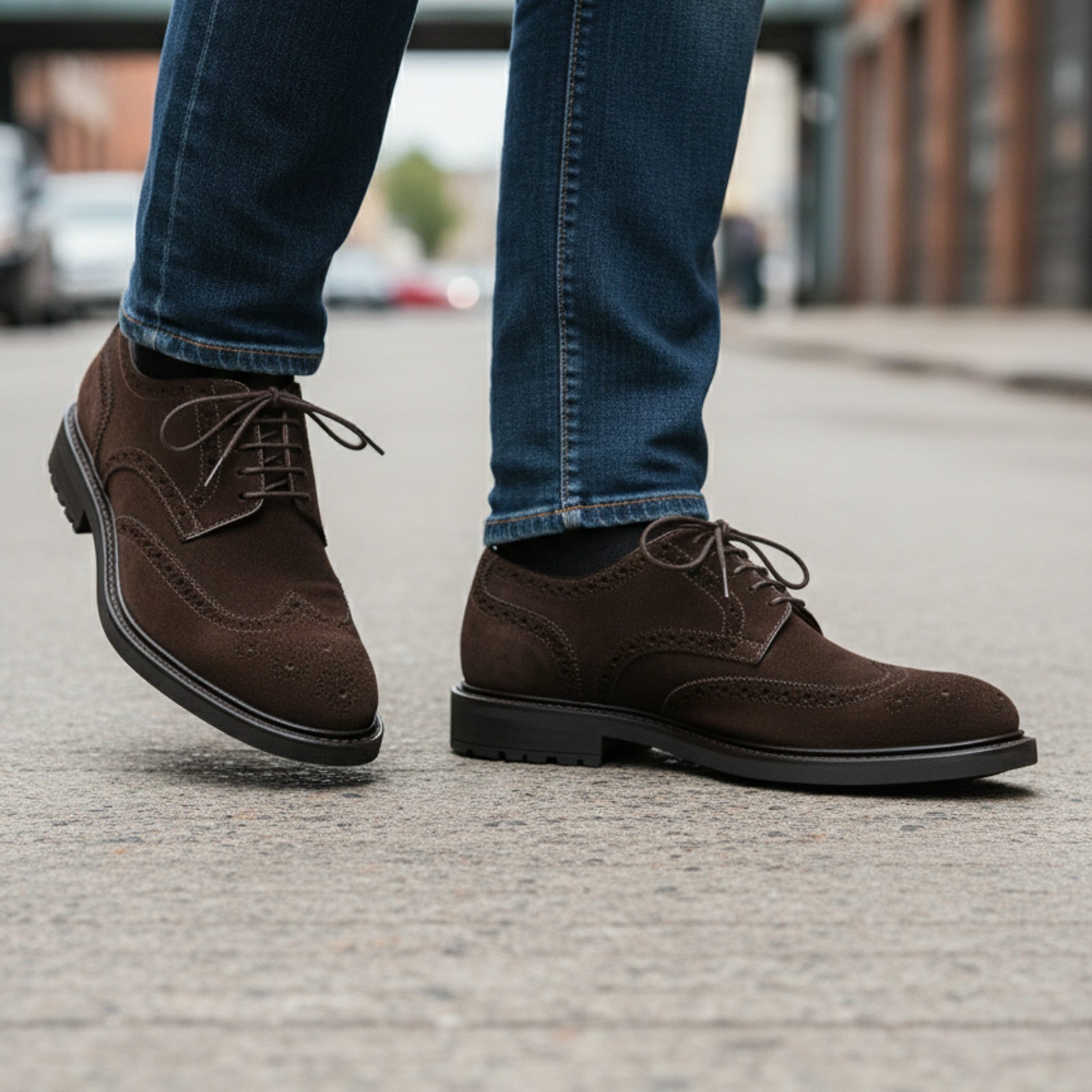 model-walking-street - Men's Suede Leather Brogue Dress Shoes