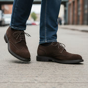 model-walking-street - Men's Suede Leather Brogue Dress Shoes
