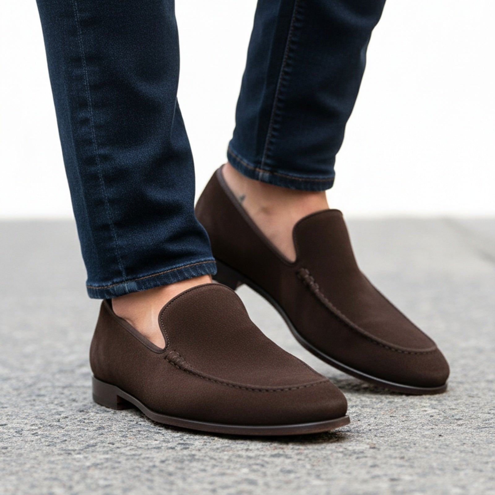 Men's Suede Slip-On Moccasins in Brown - model-walking-street