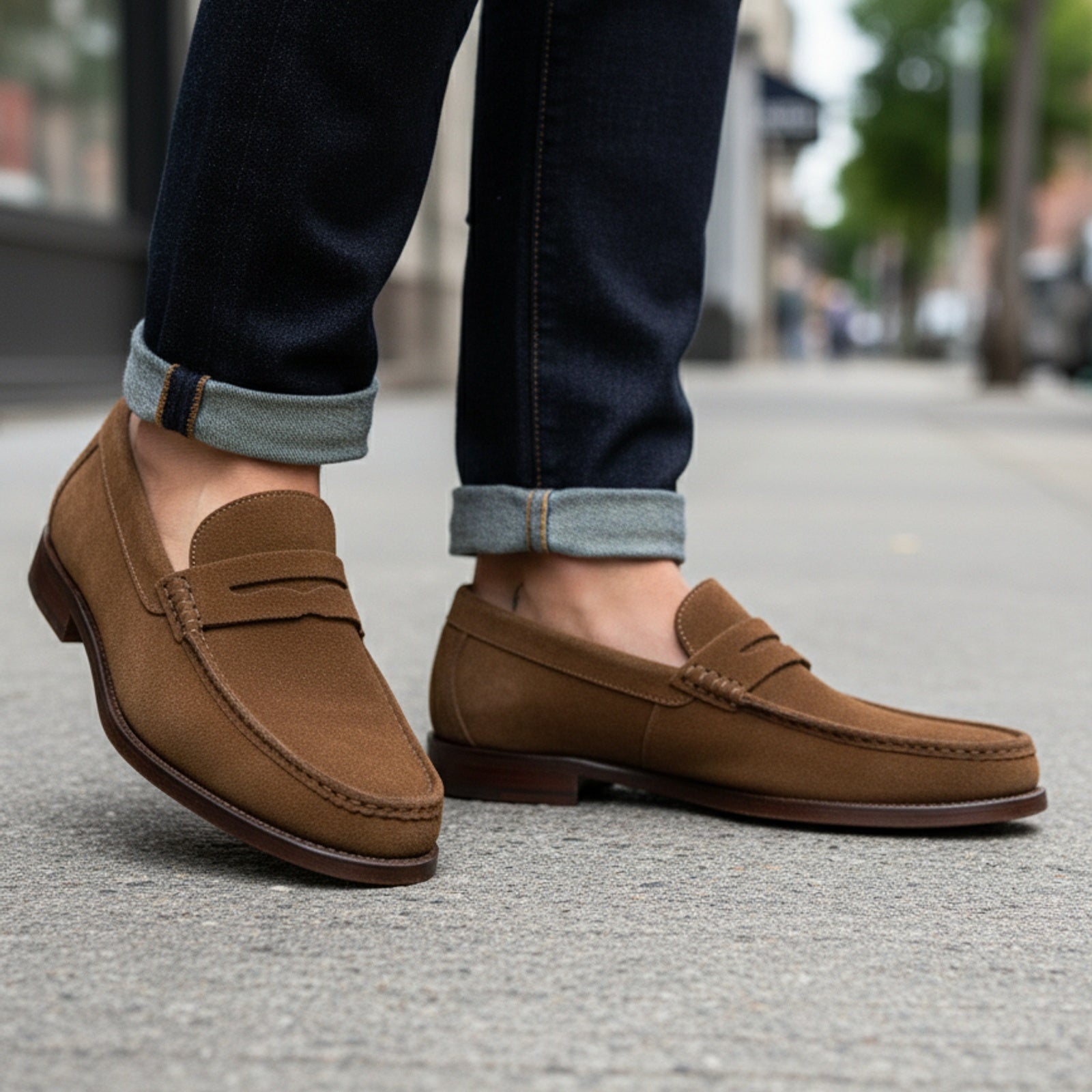 model-walking-street - Men's Suede Tassel Loafers