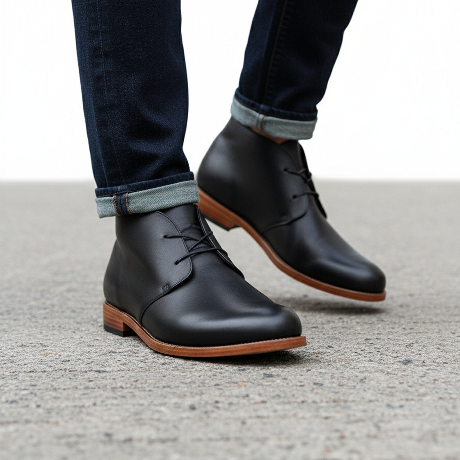 Men's Tan Black Leather Chukka Boots - model-walking-street