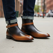 Men's Tan Black Leather Jodhpurs, Office Ankle Boots - model-walking-street