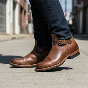 model-walking-street - Men's Tan & Black Two-Tone Leather Biker Boots