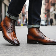 model-walking-street - Men's Tan Brown Leather Ankle Boots