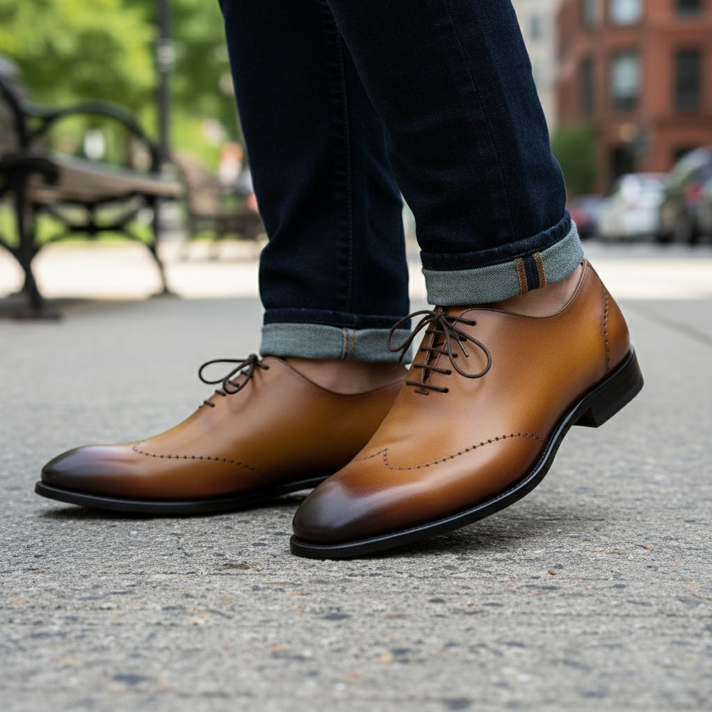 model-walking-street - Men's Tan Brown Leather Brogue Oxfords