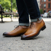 model-walking-street - Men's Tan Brown Leather Brogue Oxfords