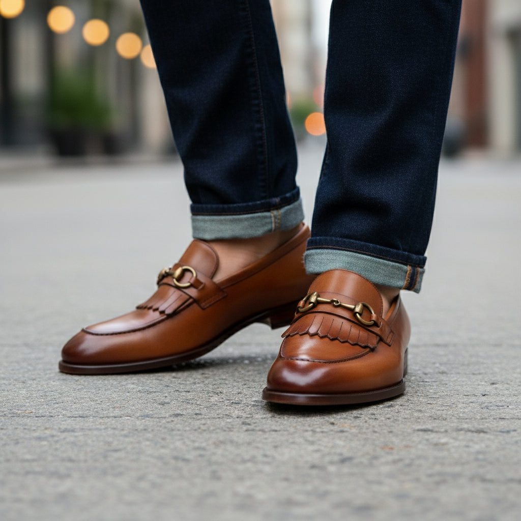model-walking-street - Men's Tan Brown Leather Moccasins Loafers with Tassel Accent
