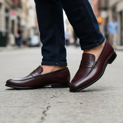 model-walking-street - Men's Tan Brown Leather Moccasins