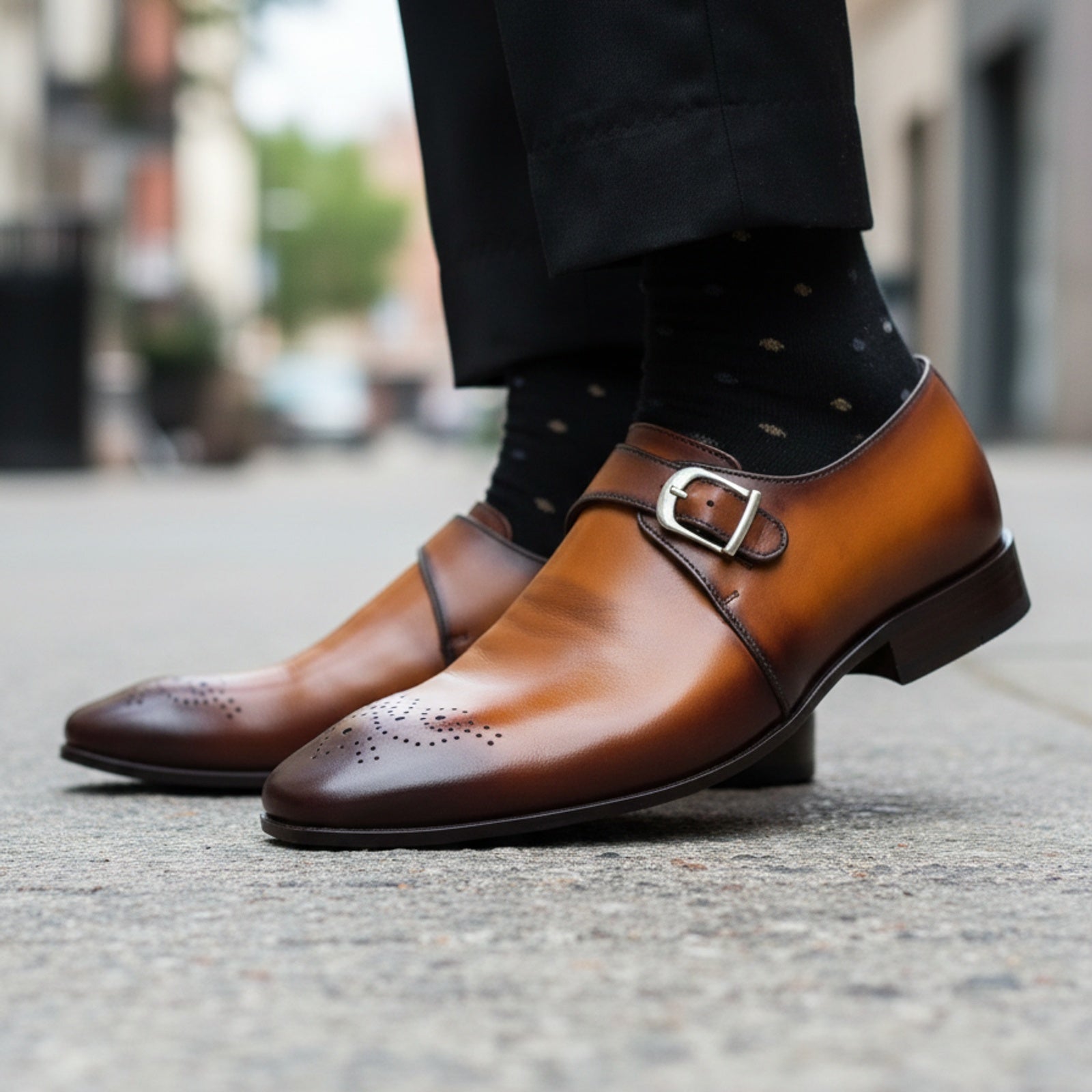 model-walking-street - Men's Tan Brown Leather Monk Oxfords