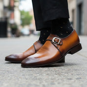 model-walking-street - Men's Tan Brown Leather Monk Oxfords