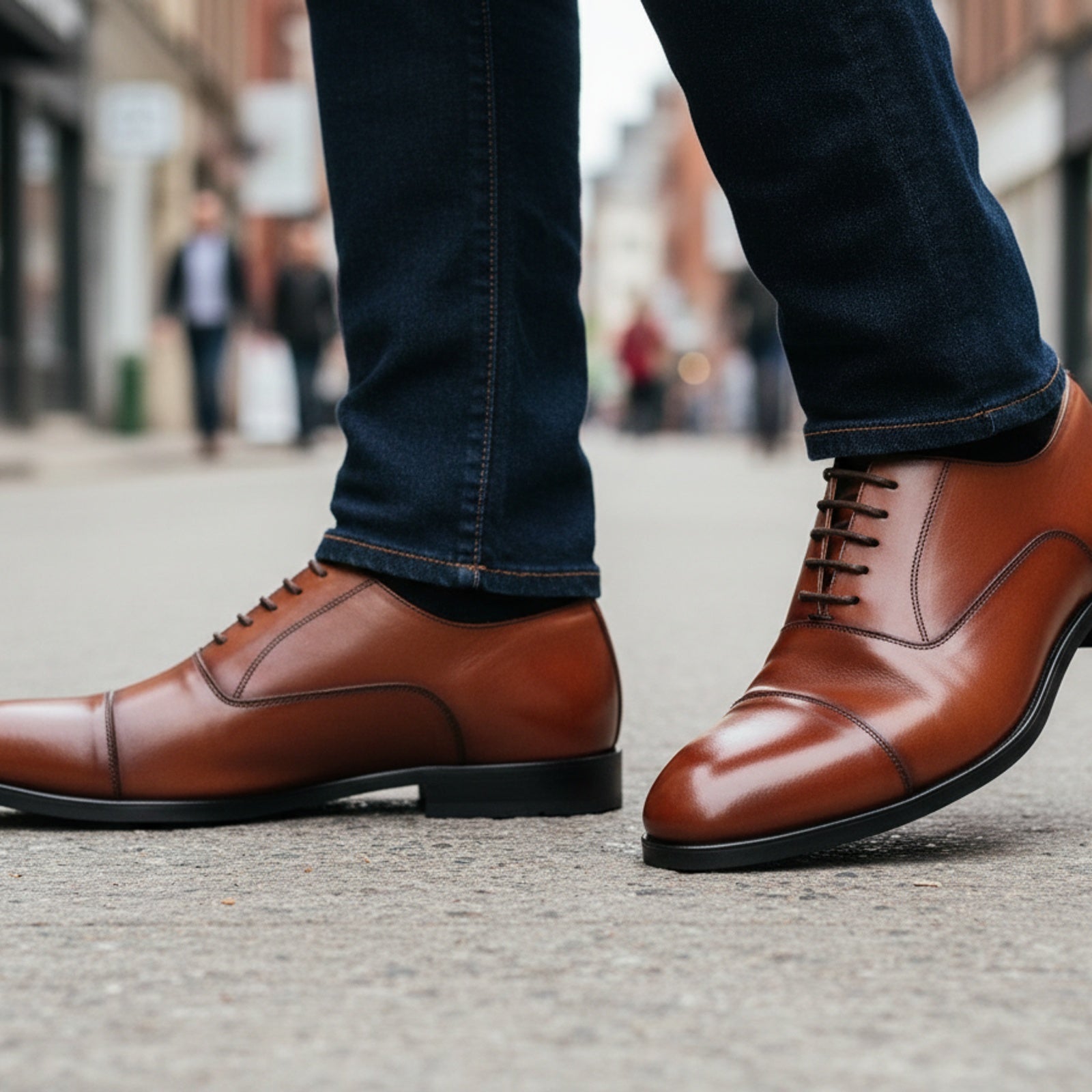 model-walking-street - Men's Tan Brown Leather Oxford Dress Shoes