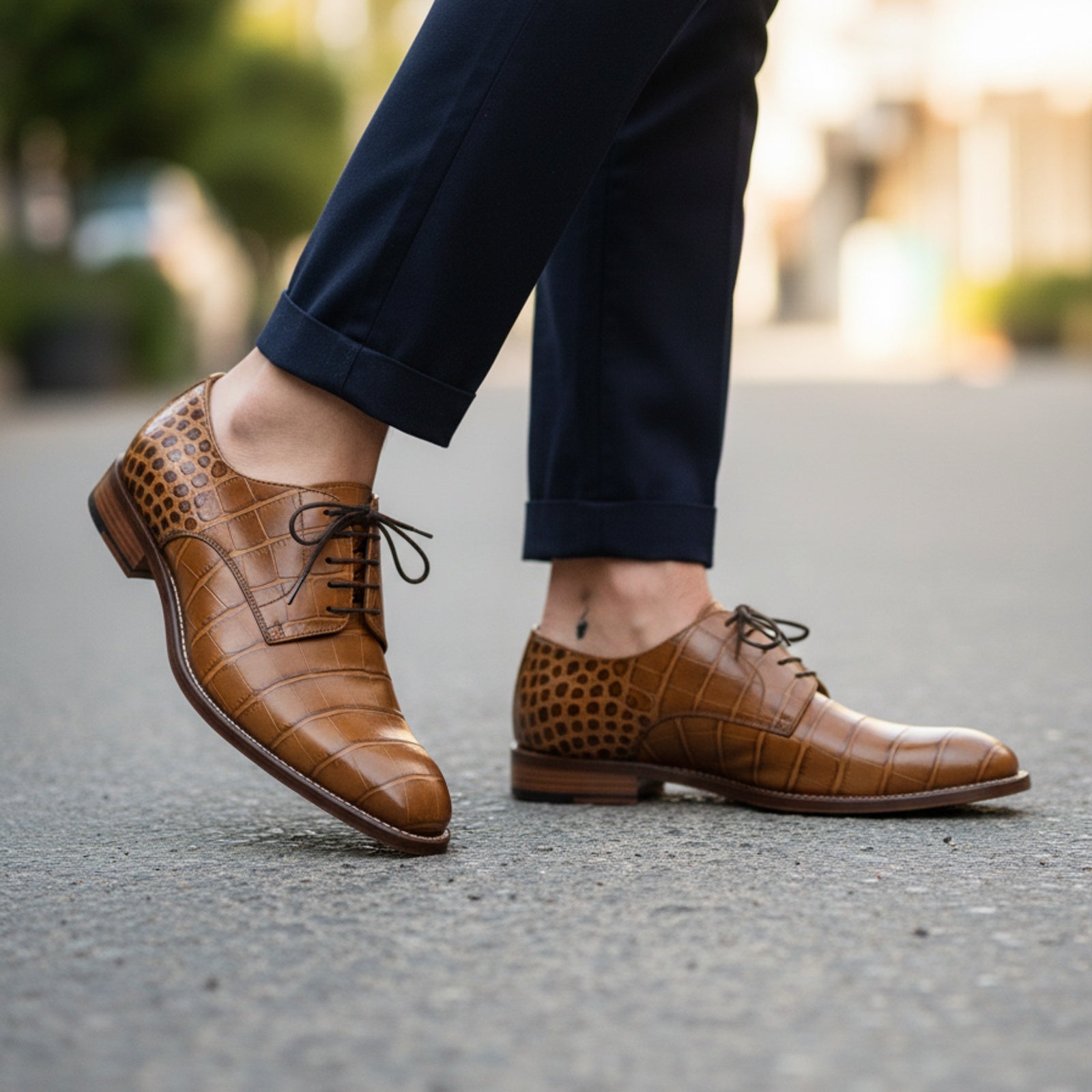 model-walking-street - Men's Tan Brown Leather Oxford Dress Shoes