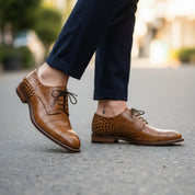 model-walking-street - Men's Tan Brown Leather Oxford Dress Shoes