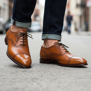 Men's Tan Leather Brogue Dress Shoes - model-walking-street