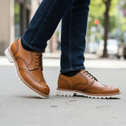 model-walking-street - Men's Tan Leather Brogue Shoes