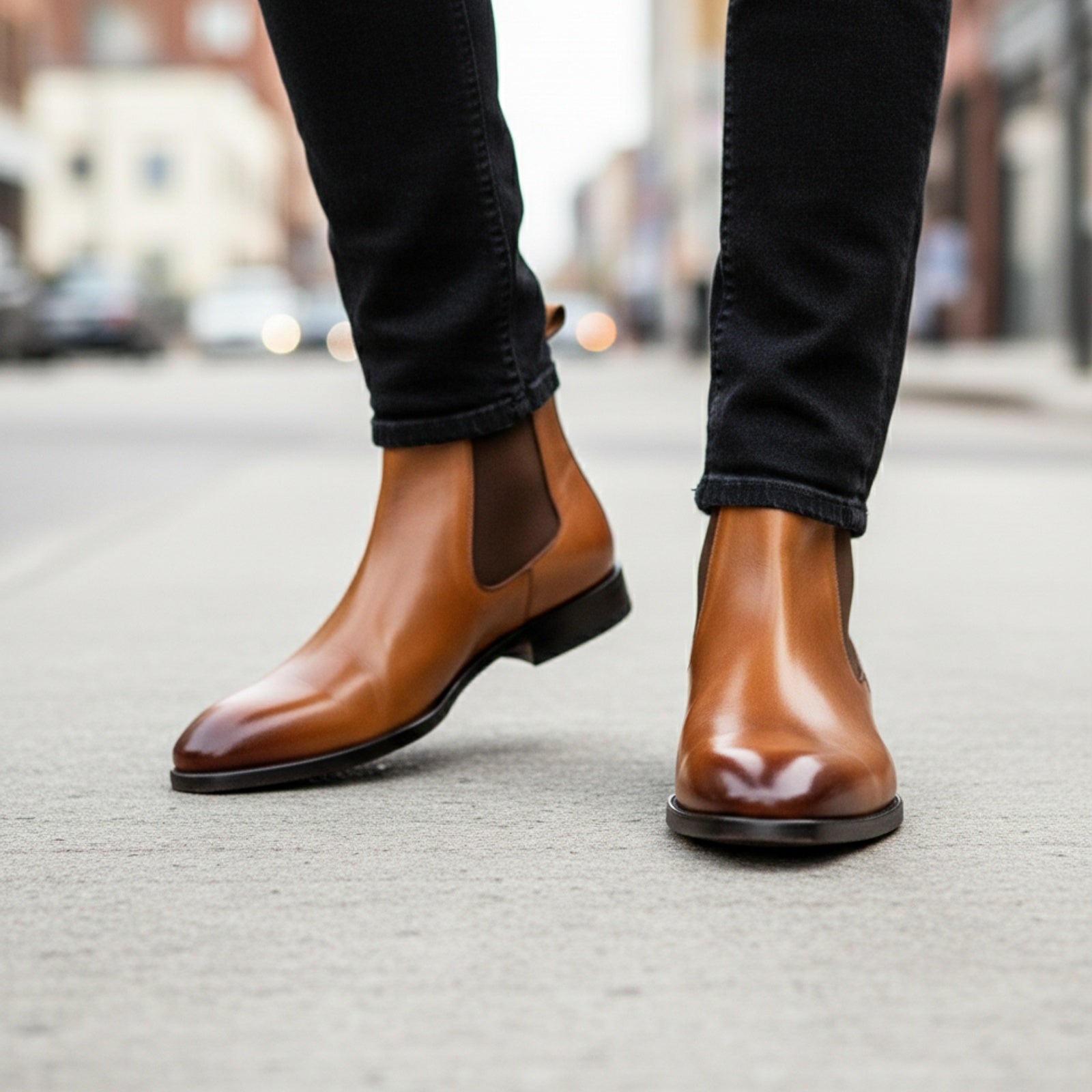 model-walking-street - Men's Tan Leather Chelsea Boots