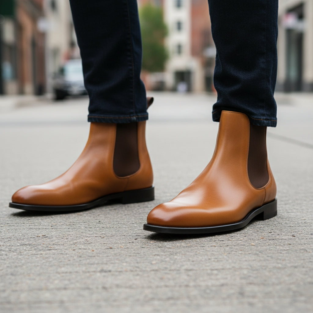 model-walking-street - Men's Tan Leather Chelsea Boots
