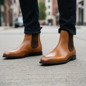 model-walking-street - Men's Tan Leather Chelsea Boots