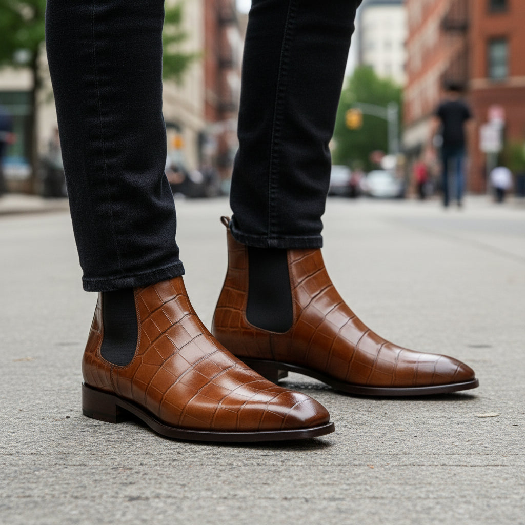 model-walking-street - Men's Tan Leather Chelsea Boots