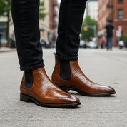 model-walking-street - Men's Tan Leather Chelsea Boots