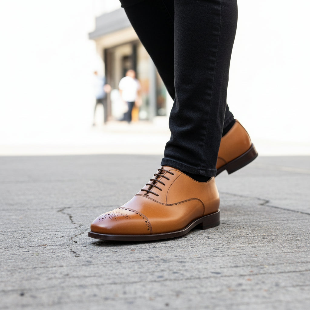 Men's Tan Leather Dress Shoes with Lace-up Closure - model-walking-street