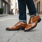 Men's Tan Leather Formal Dress Shoes - model-walking-street
