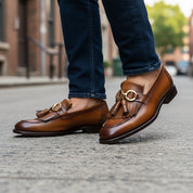 Men's Tan Leather Fringe Buckle Moccasins - model-walking-street