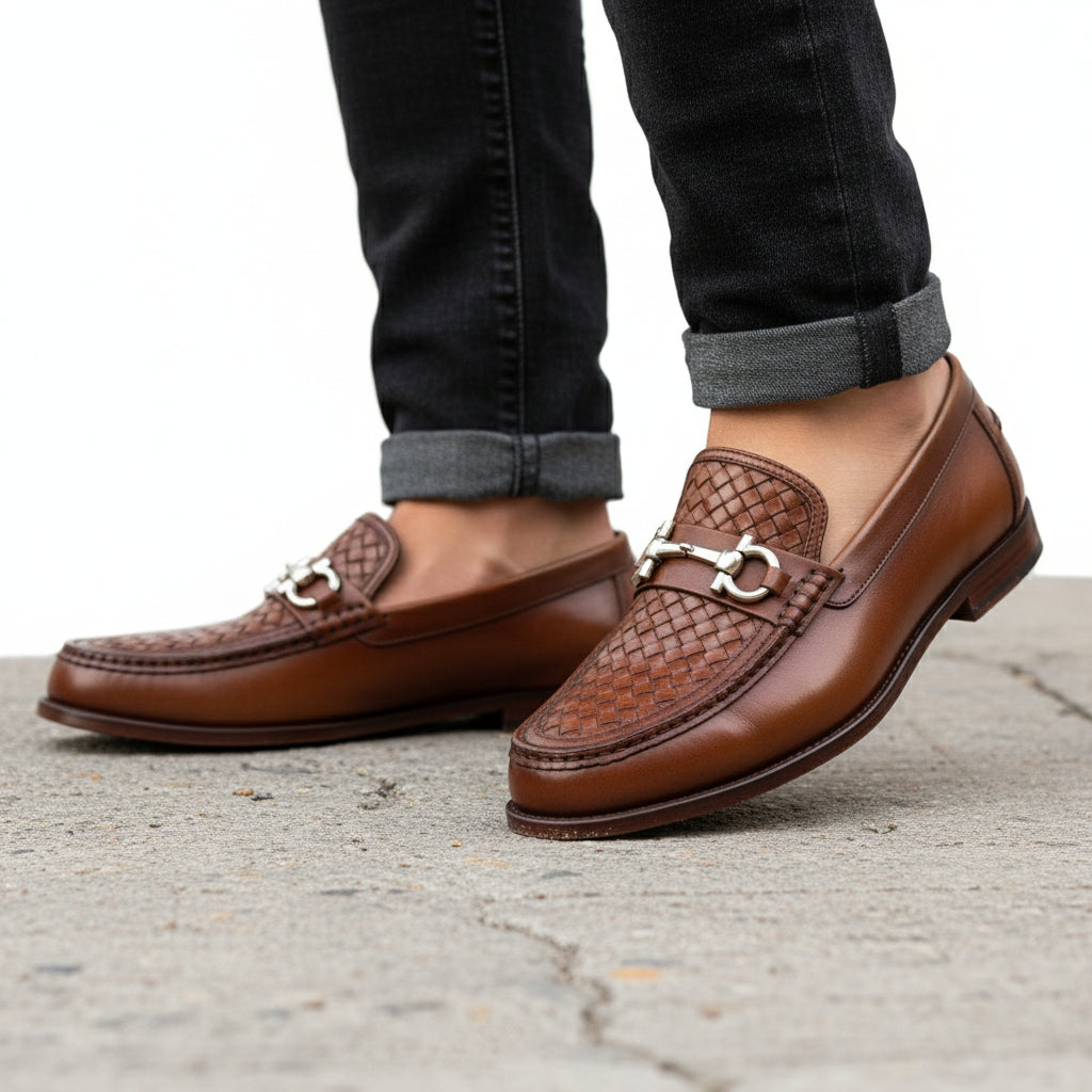 Men's Tan Leather Loafers - model-walking-street
