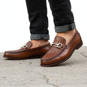 Men's Tan Leather Loafers - model-walking-street