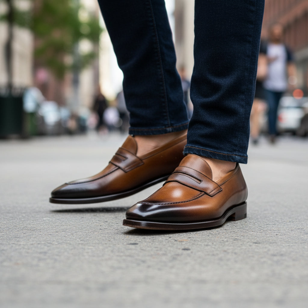 Men's Tan Leather Moccasins - model-walking-street