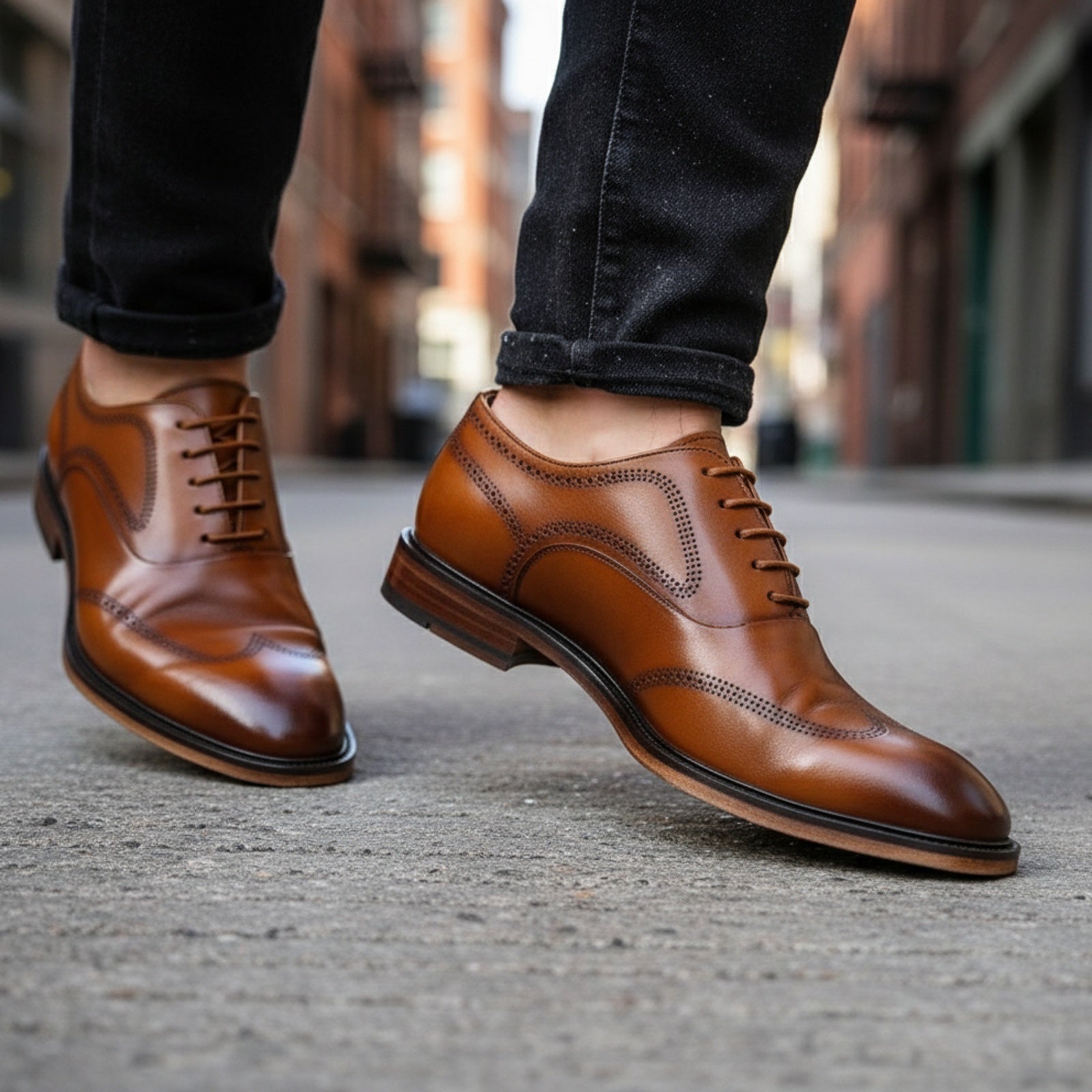 model-walking-street - Men's Tan Leather Oxford Dress Shoes