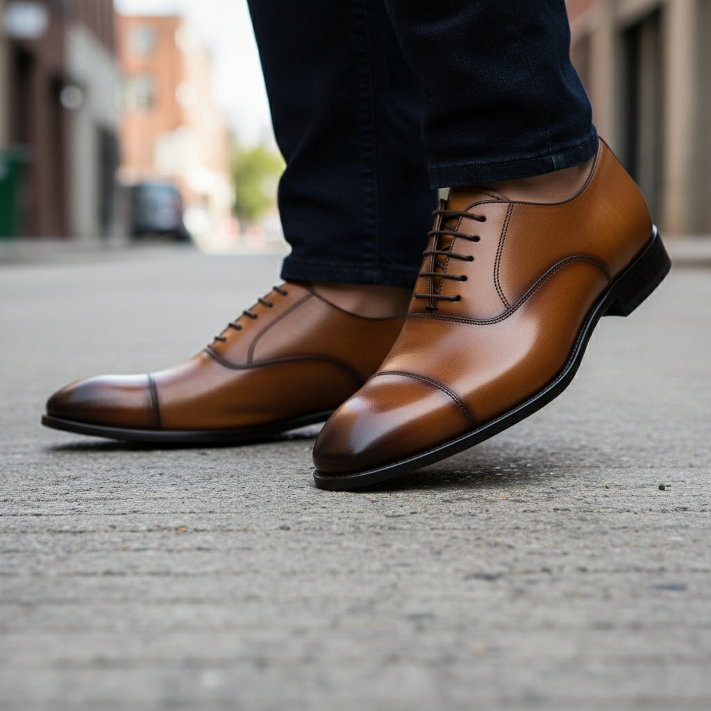 model-walking-street - Men's Tan Leather Wingtip Brogue Dress Shoes