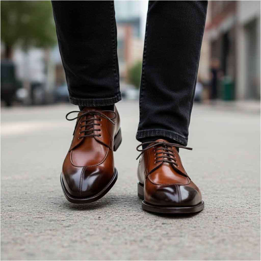 model-walking-street - Men's Tan Leather Wingtip Dress Shoes